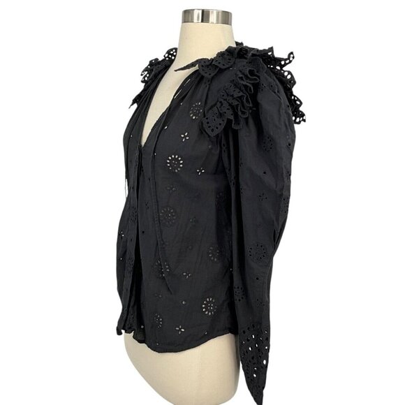 V. De. Vinster Joshua Blouse Black Size S Lace Ruffle V Neck Puff Sleeves - Picture 3 of 9